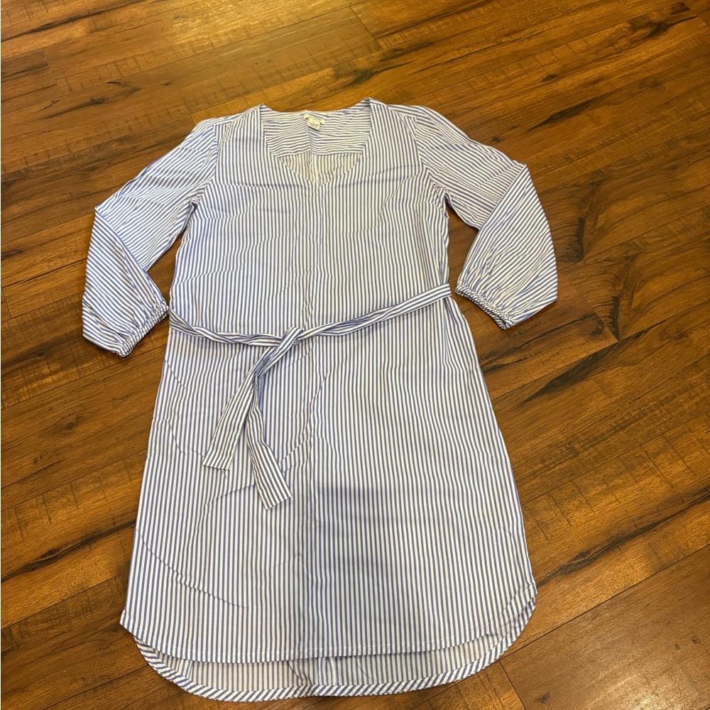 J Crew Striped Tie Waist Poplin Dress Blue White Seersucker Womens XXS 2XS EUC